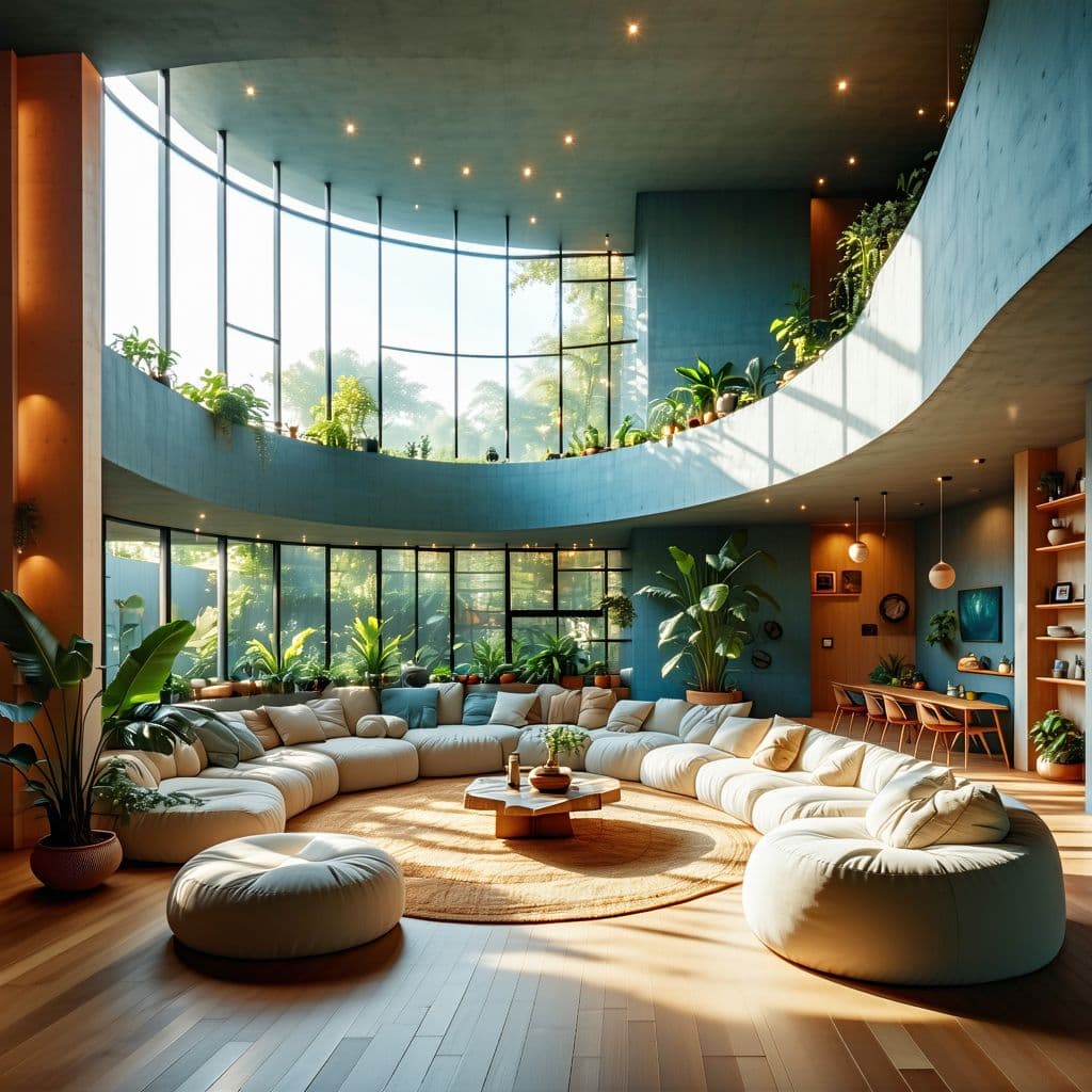 AI generated: High resolution photography interior design, dreamy sunken living room conversation pit, wooden floo...