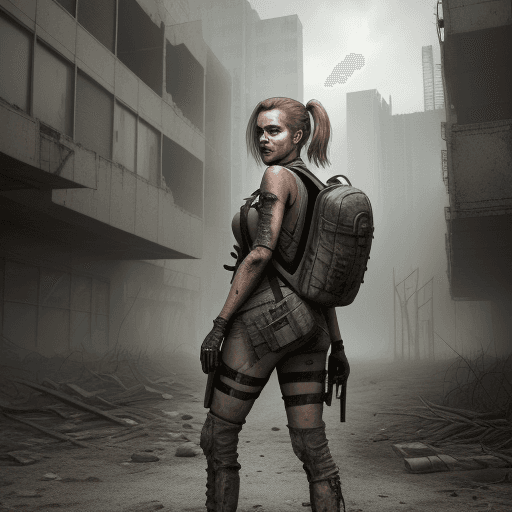 AI generated: RAW photo, photo of a good-looking woman in post-apocalyptic clothing with a backpack, dystopian era