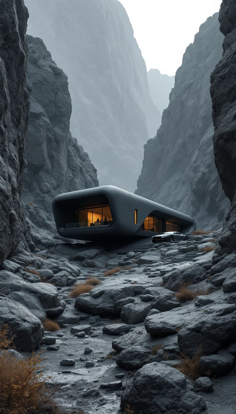 AI generated: the futuristic house in a rocky area with car, rock and house, in the style of dark gray and dark bl...