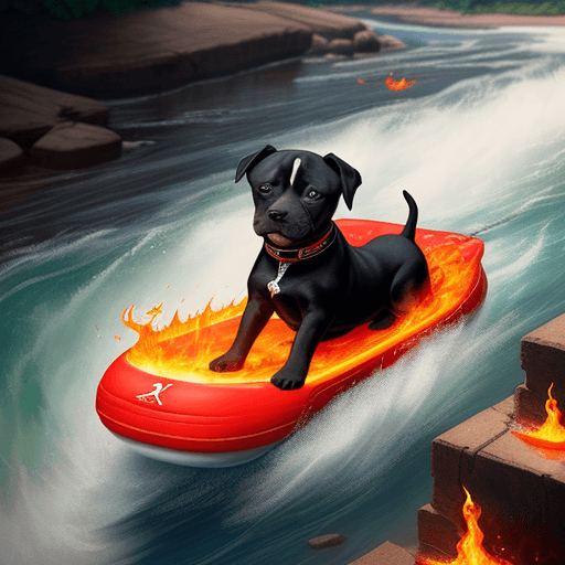 AI generated: A river of flames with a cute pitbull puppy floating downstream in a Nike Jordan 3 series