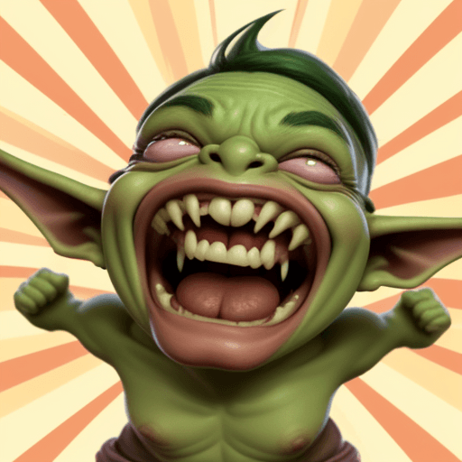 AI generated: a cartoonish goblin laughing histarically 