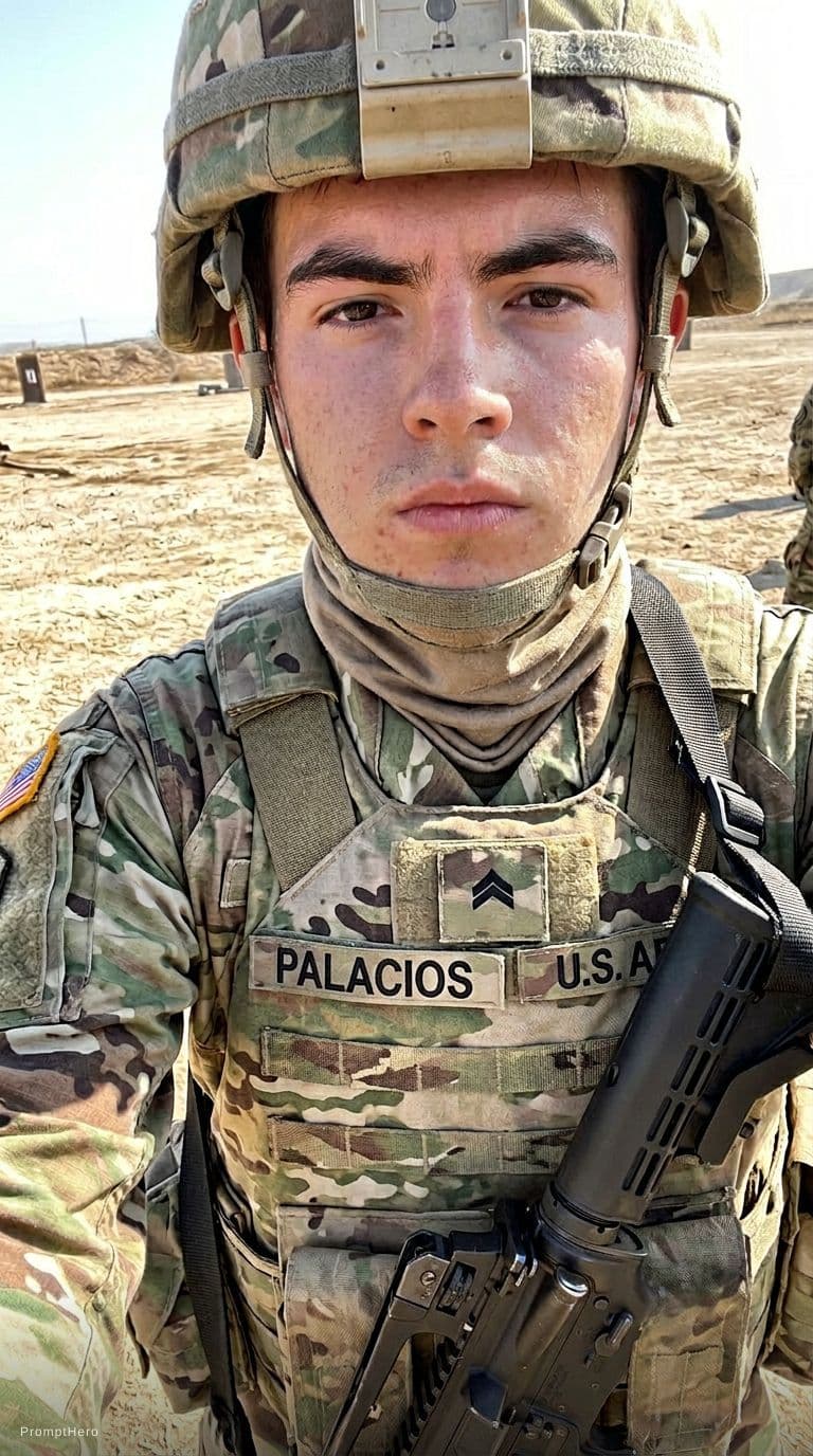 AI generated: ultra-realistic iPhone selfie photo of a young male soldier, close-up from a low angle below the che...