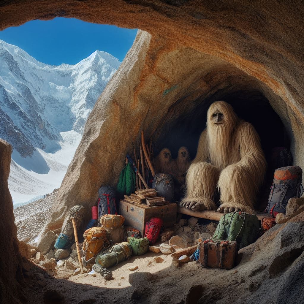 AI generated: secret Yeti hideout cave at Nanga Parbat, a Yeti hiding. In the distance, clueless mountaineers unwa...