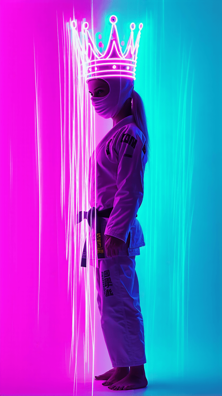 AI generated: A female jiu-jitsu athlete captured in a dynamic back pose, surrounded by graffiti-style motion trai...