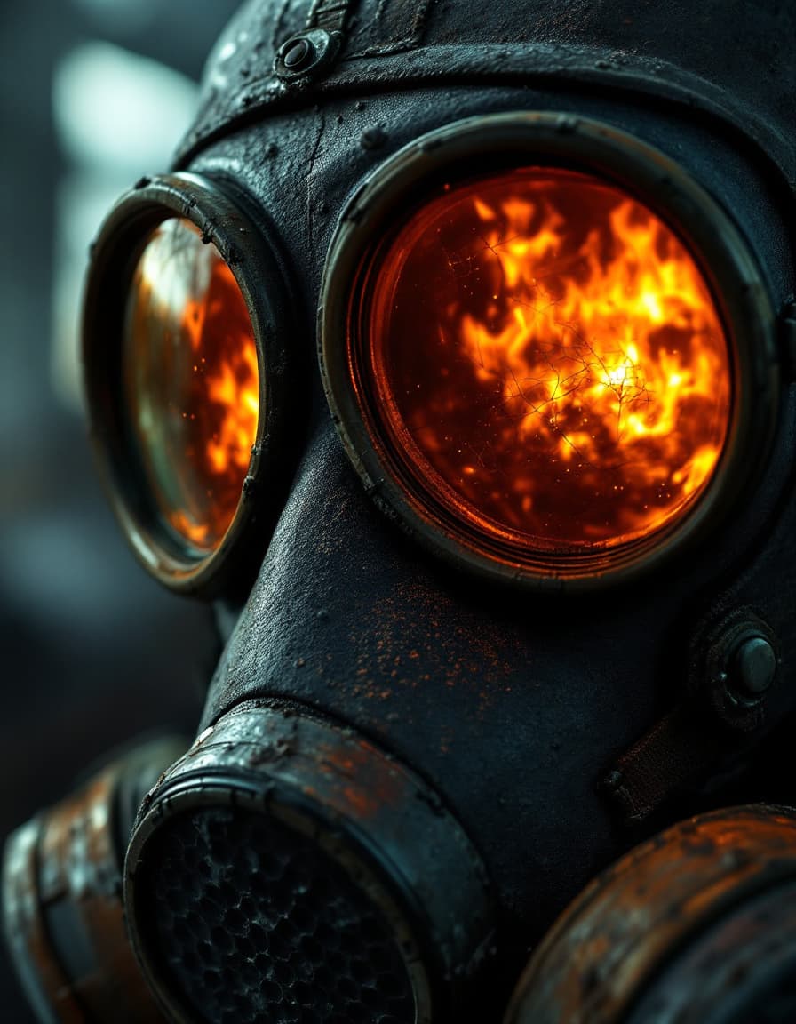 AI generated: A close-up shot of a Chernobyl liquidator's gas mask, filling the frame with gritty, realistic detai...