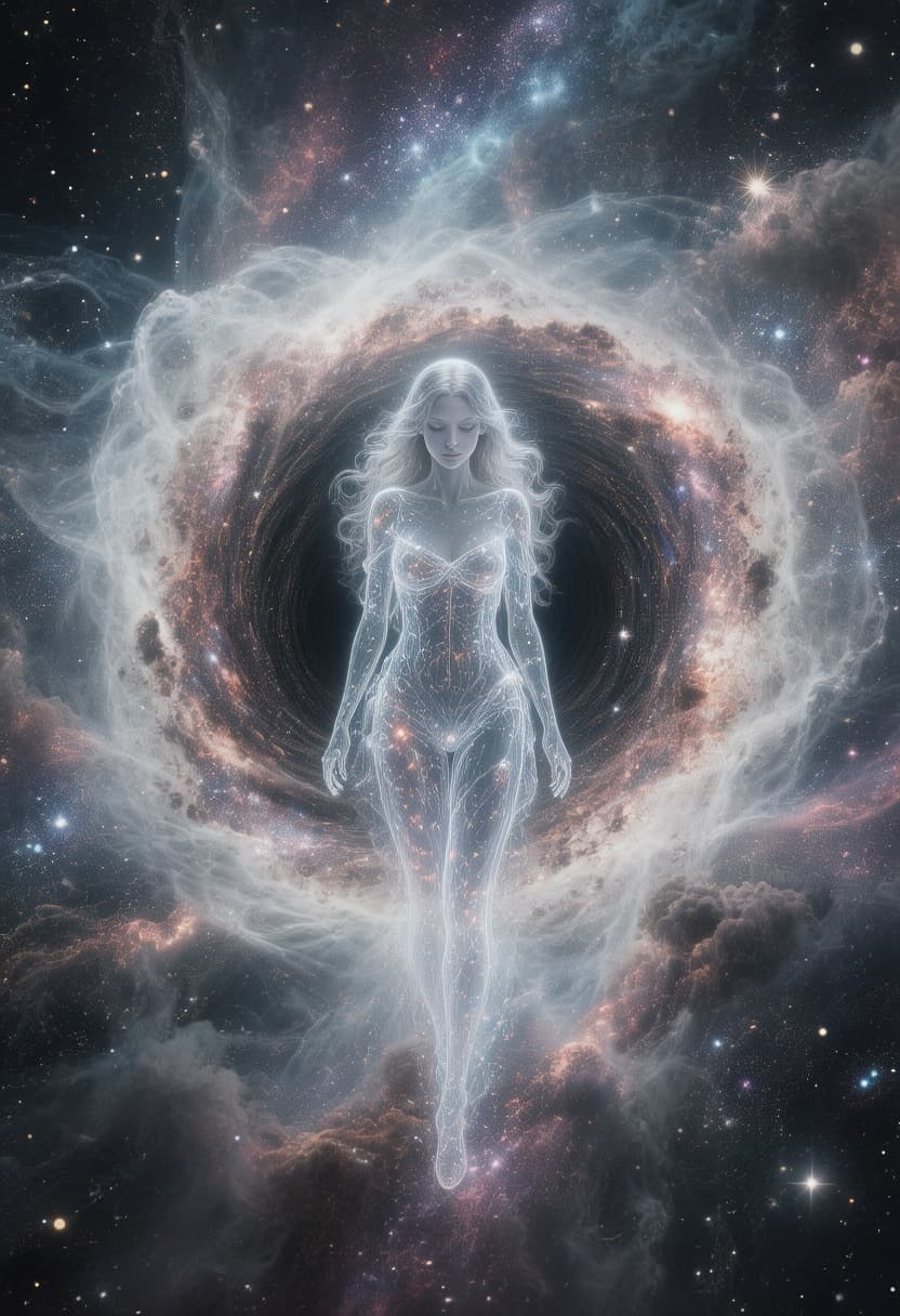 AI generated: a supernatural being emerging from a white aura that is centred in a galactic abyss, full of stars c...
