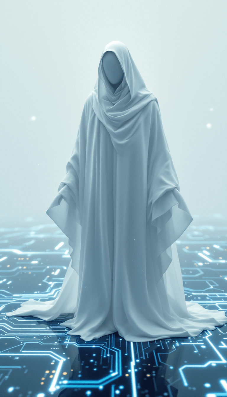 AI generated: This is a hyper-realistic, unsettling photograph of a spectral, all-knowing figure standing on a vas...