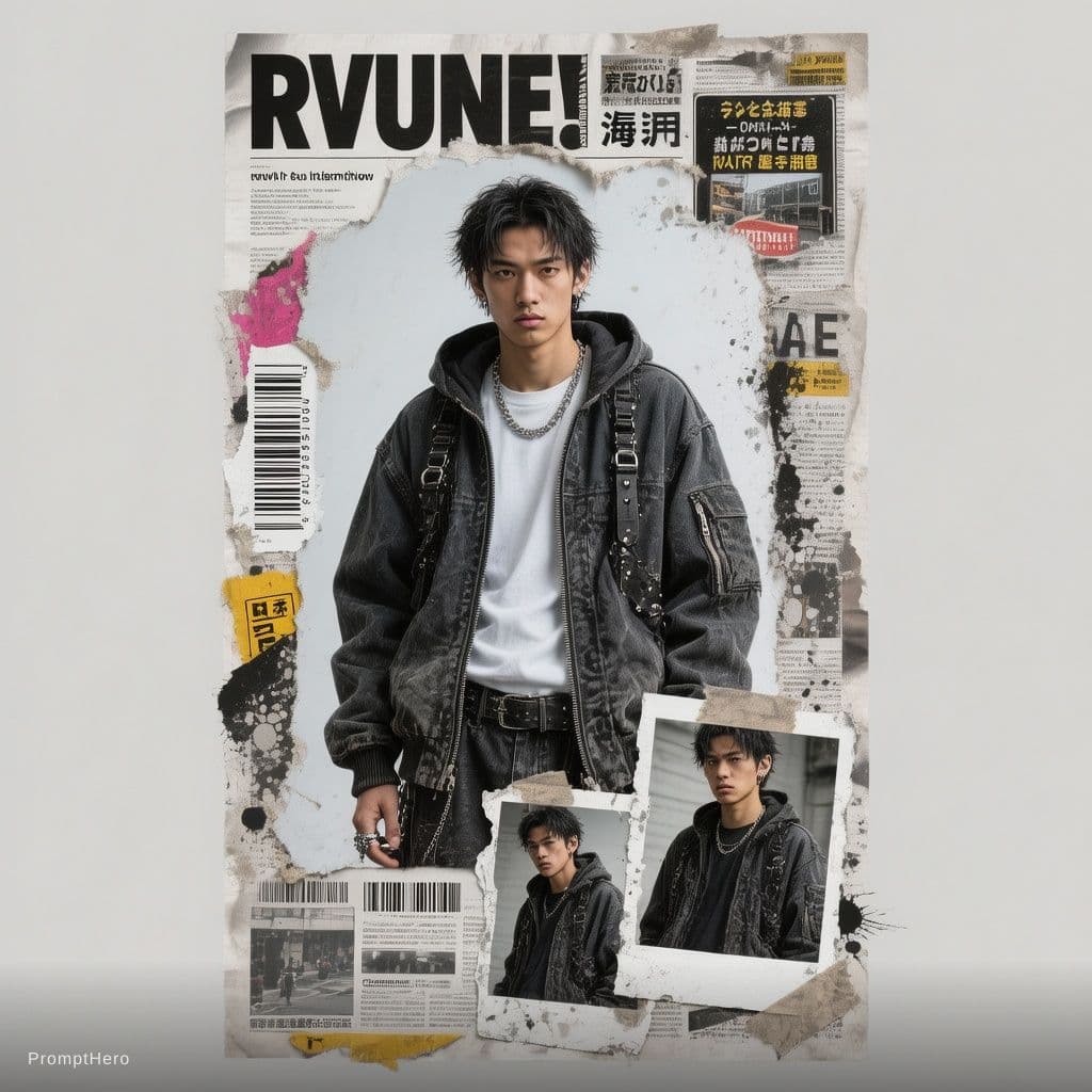 AI generated: Buat poster kolase editorial streetwear Jepang bergaya Y2K yang bold dengan estetika majalah fashion...