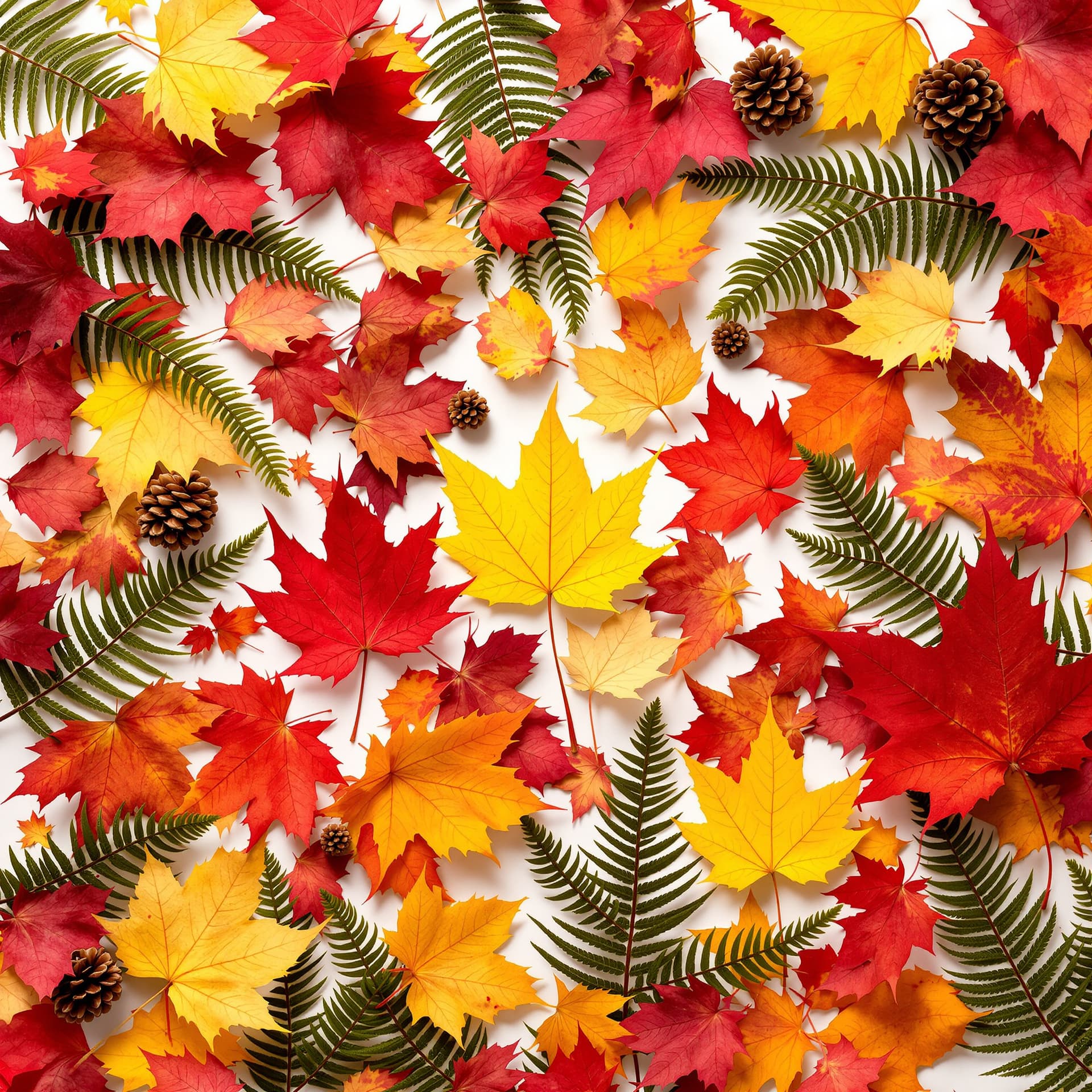 AI generated: a symphony of autumn colors, featuring vibrant reds and yellows of leaves, dark green fern fronds, m...
