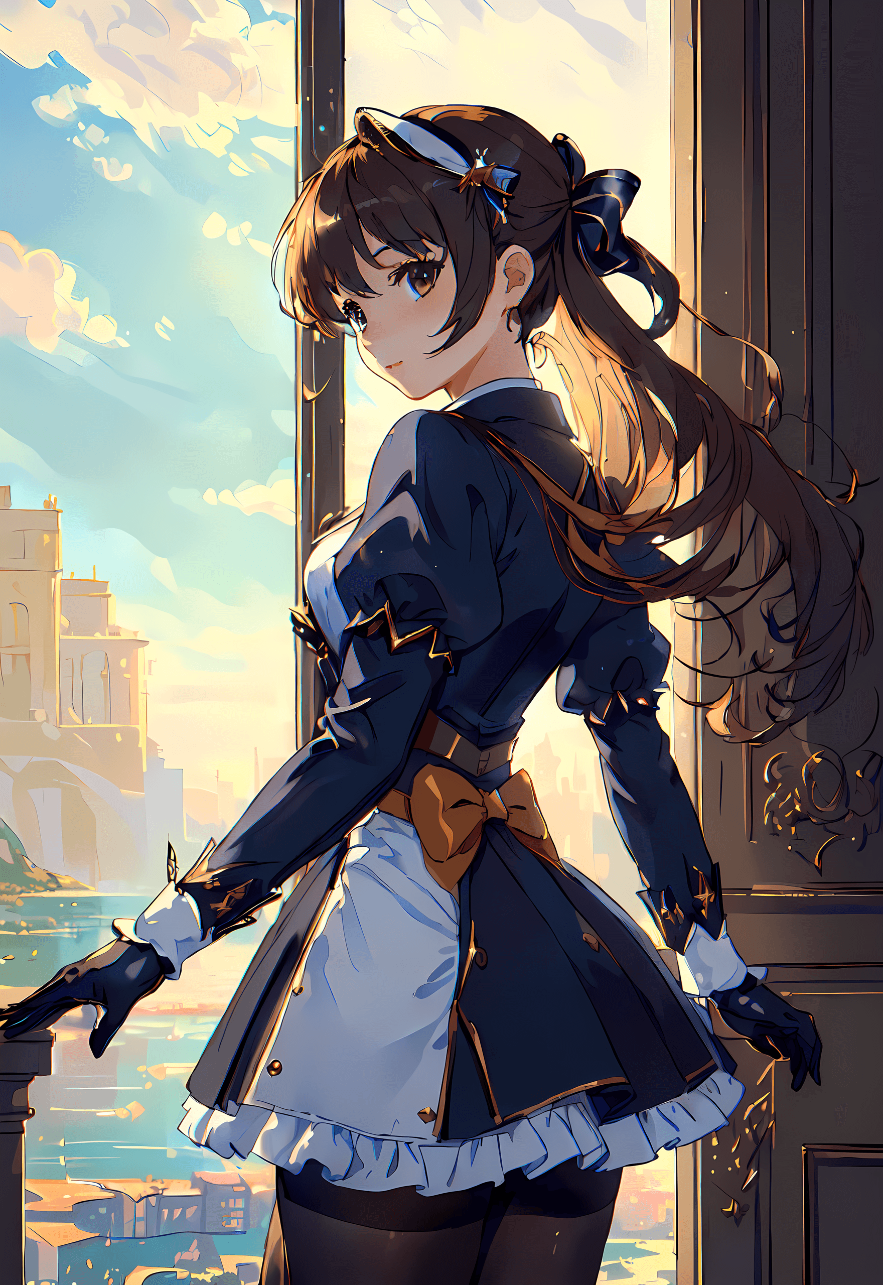 AI generated: (masterpiece, award winning, highest quality:1.2), 1girl, solo, gloves, skirt, pantyhose, bow, dress...