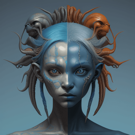 AI generated: alien with blue hair by theo el, in the style of balanced symmetry, light orange and cyan, detailed ...
