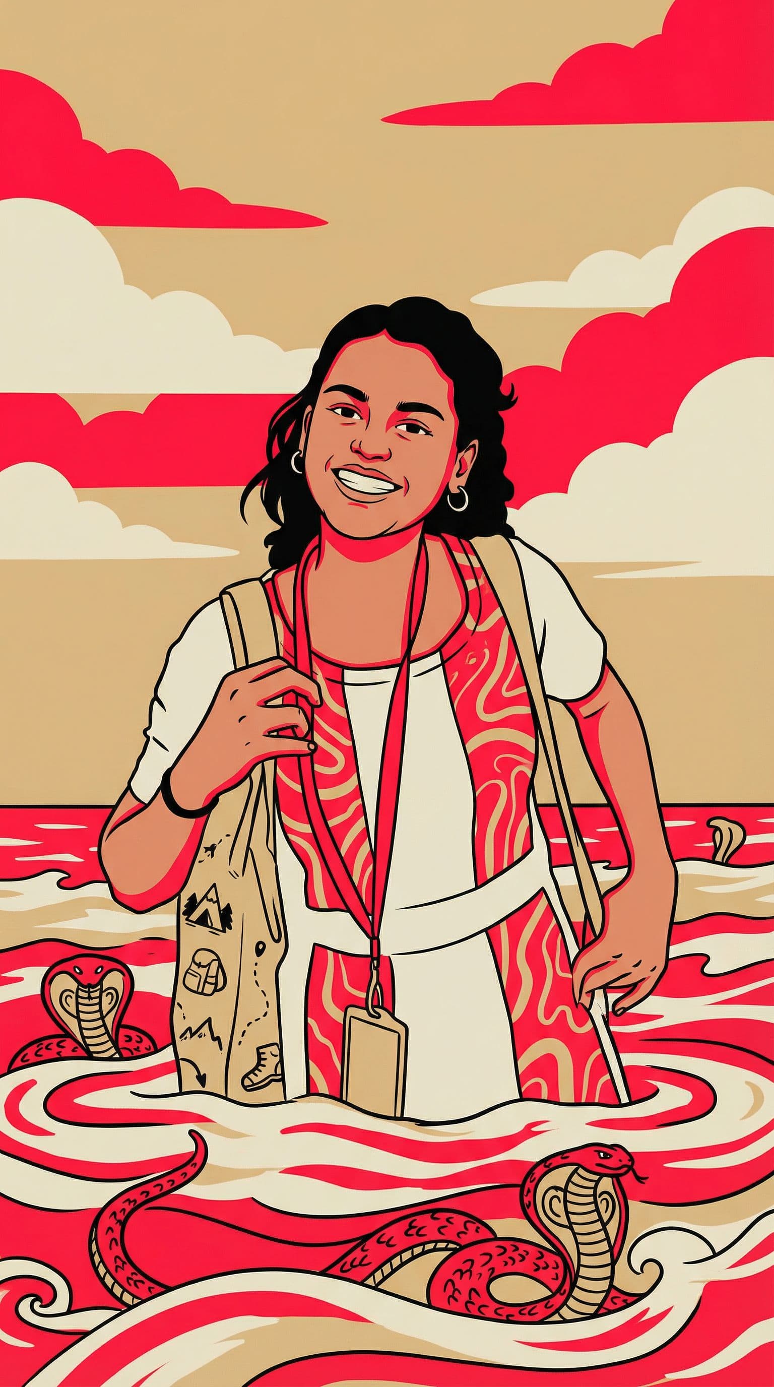 AI generated: a woman in the ocean, in the style of light beige and red, hikecore, bold graphic style, babycore, d...