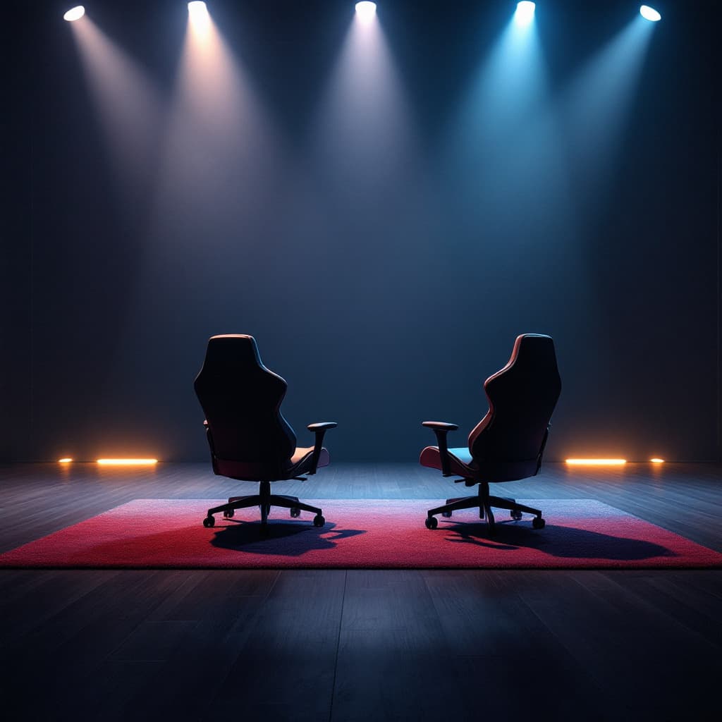 AI generated: 1440 x 880 main background image with shade #1E1E2E in the image there should be 2 gaming chairs fac...