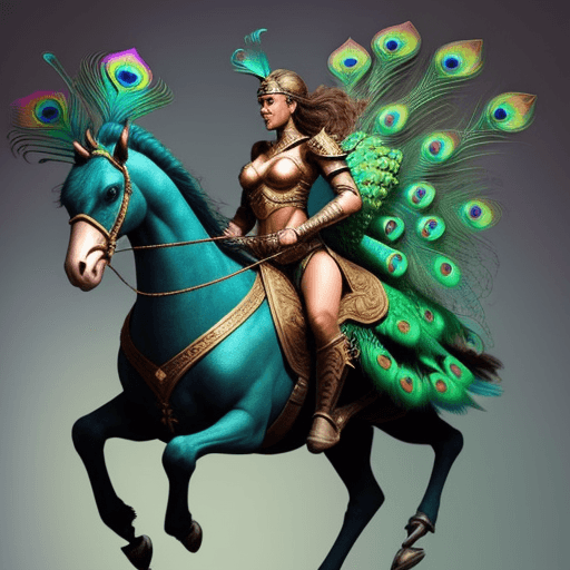 AI generated: Female warrior riding a flying peacock