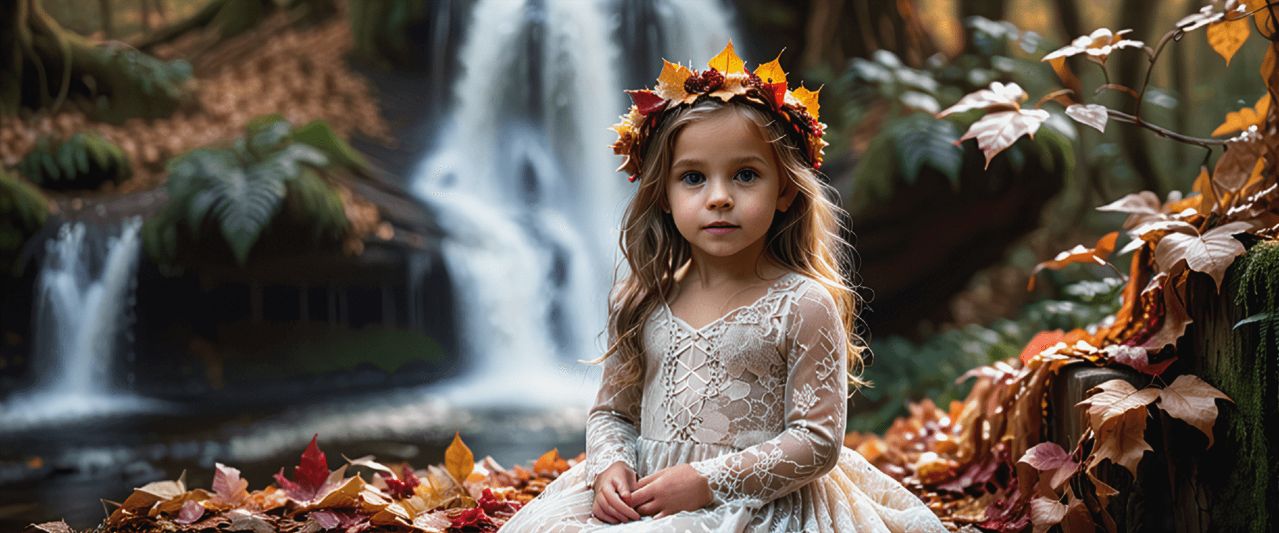 AI generated: Macro Photo: A little girl wrapped in a flowing lace dress made of autumn leaves, with an elaborate ...