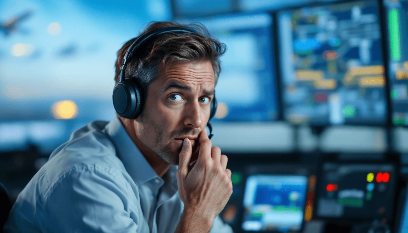 AI generated: 8K image of an air traffic controller with a look on his face of, oops, I made a stupid mistake. he ...