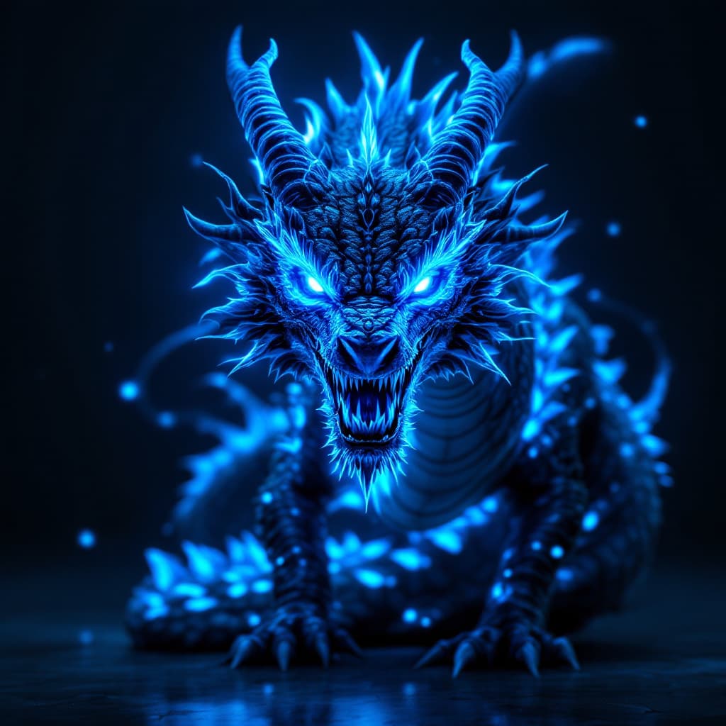 AI generated: Create a hyper realistic, full body neon-glowing dragon with bright blue scales and intense, luminou...
