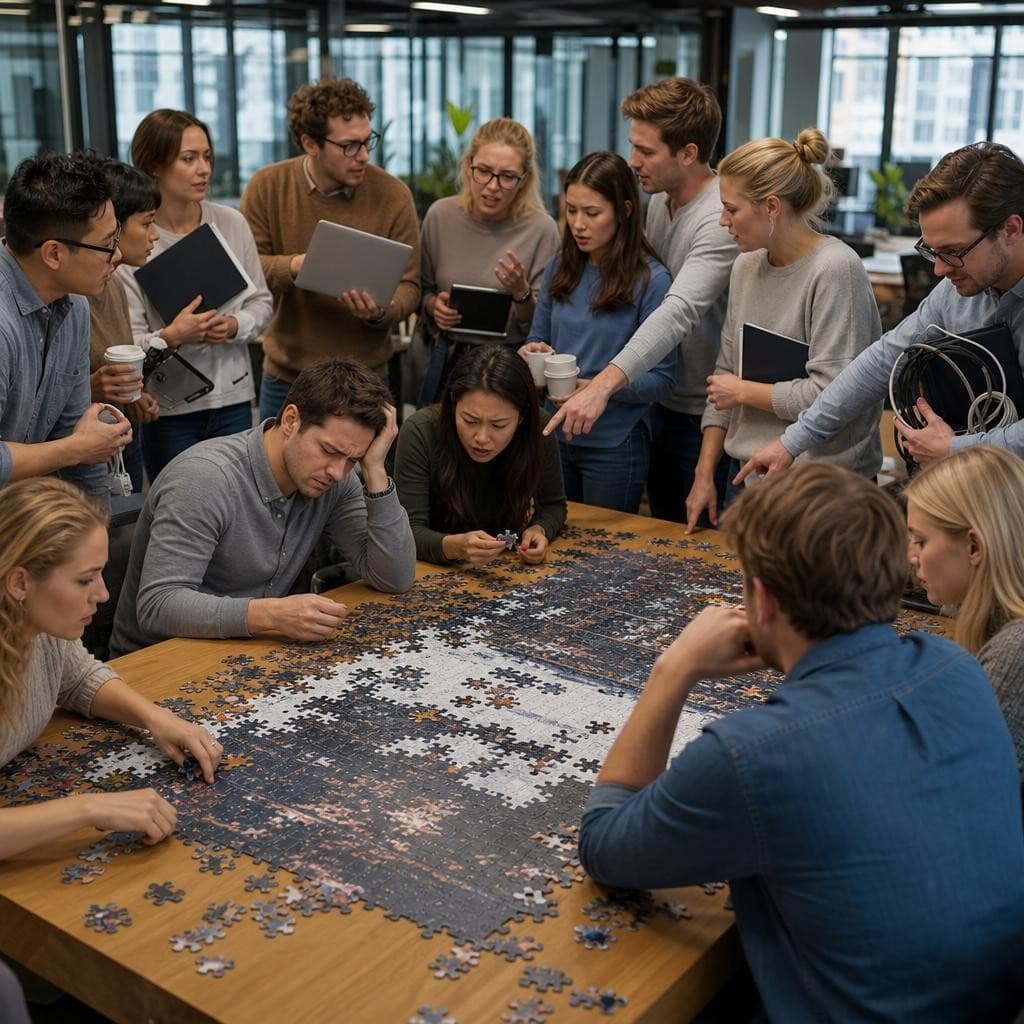 AI generated: A hyper-realistic corporate office in the middle of a high-pressure creative project. Four exhausted...