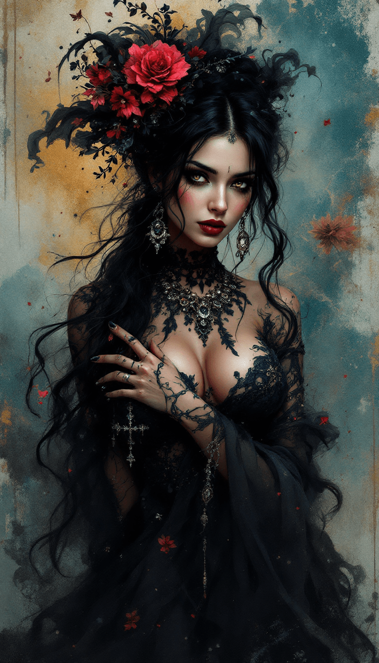AI generated: Dark Fantasy Art, half l Body of a gypsy spanish woman in flamenco clothes, Blender stylized charism...