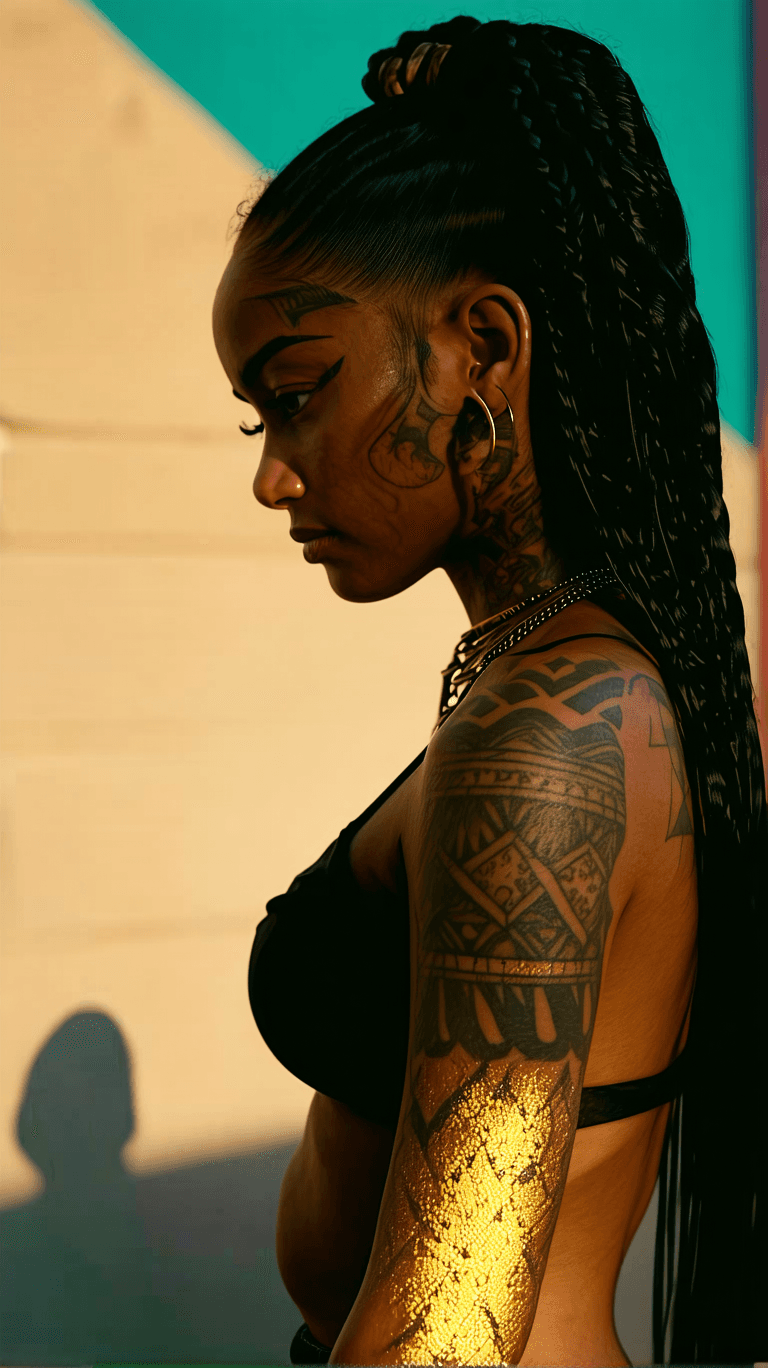 AI generated: hyper realistic photograph, portrait of a tattooed southamerican indigenous black woman, future punk...