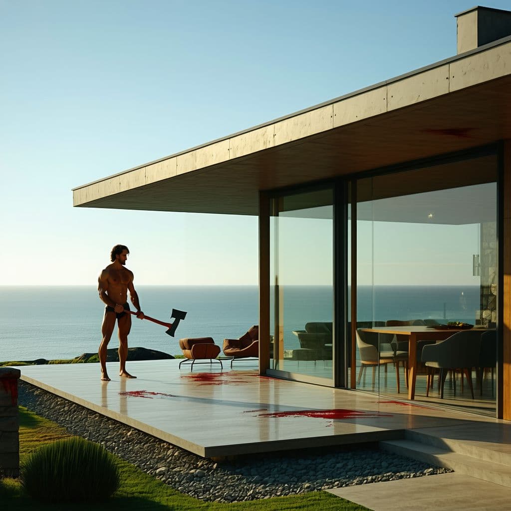 AI generated: Hyper realistic eye level exterior photo of a mid century modern style house overlooking the ocean, ...