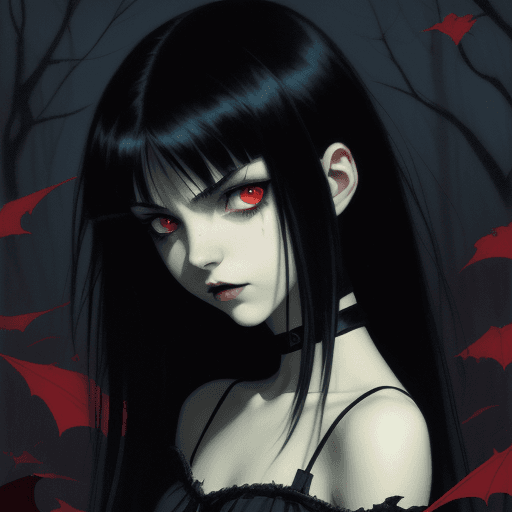 AI generated: Portrait of Vampy; is 15 years old and is a vampire girl. She has (((short black hair) )) and red ey...