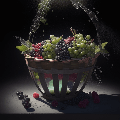 AI generated: a basket full of various berries and green grapes,   explode with huge particles splashing on the ai...