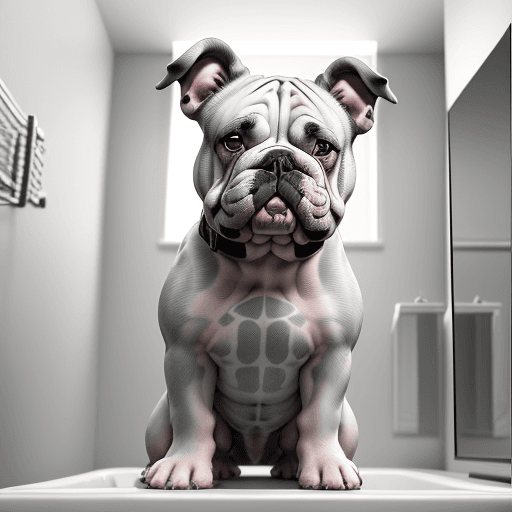 AI generated: Dog, fantastic gray and white English bulldog, sitting in the bathroom on the bidet, with his short ...