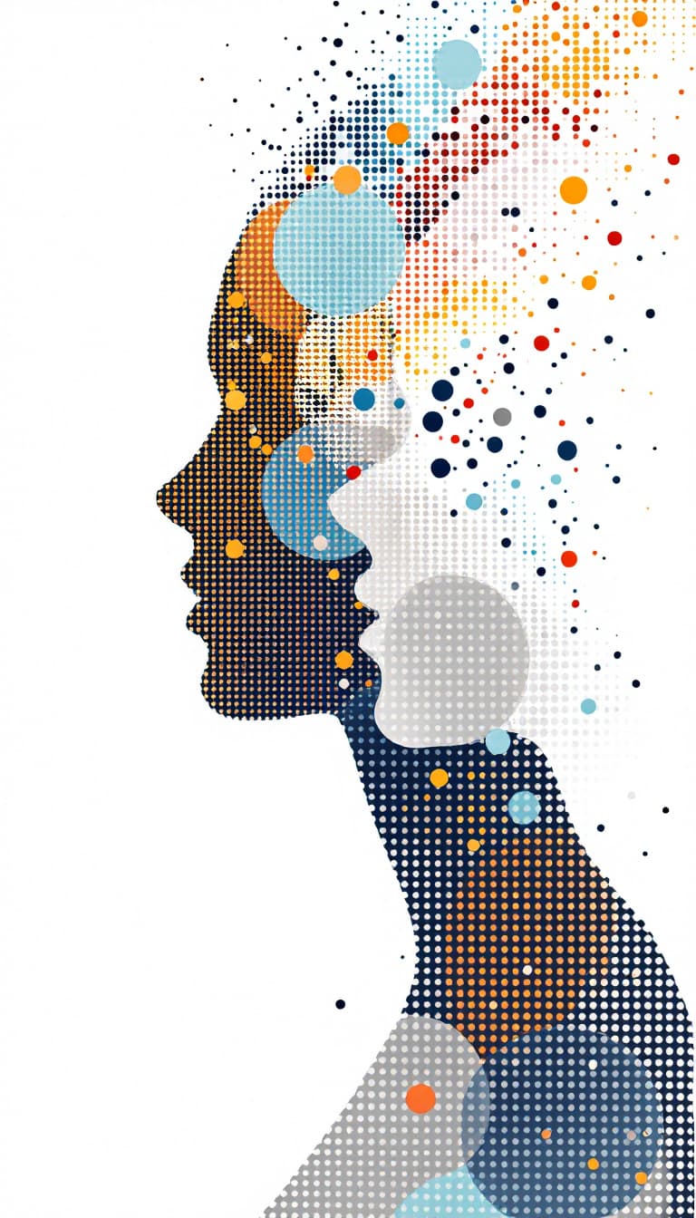 AI generated: Woman dot matrix, minimalist geometric art, digital dot, vector graphics, front view of abstract hum...