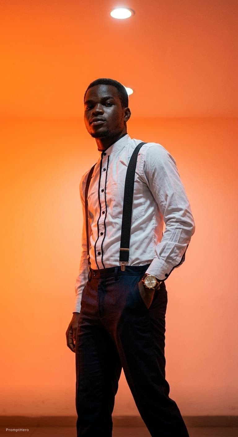 AI generated: editorial photography, male model, 50mm f/1.2 RF lens, f/2.8 set, 1/160s, iso 100, gradient neon ora...