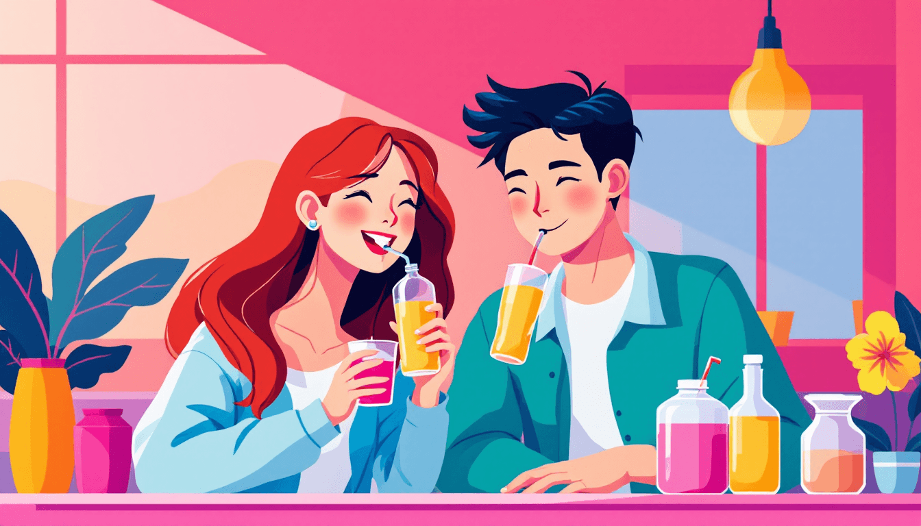 AI generated: A flat illustration of 2 asian women and 1 asian man happily drinking PET bottle drink togher,The ch...