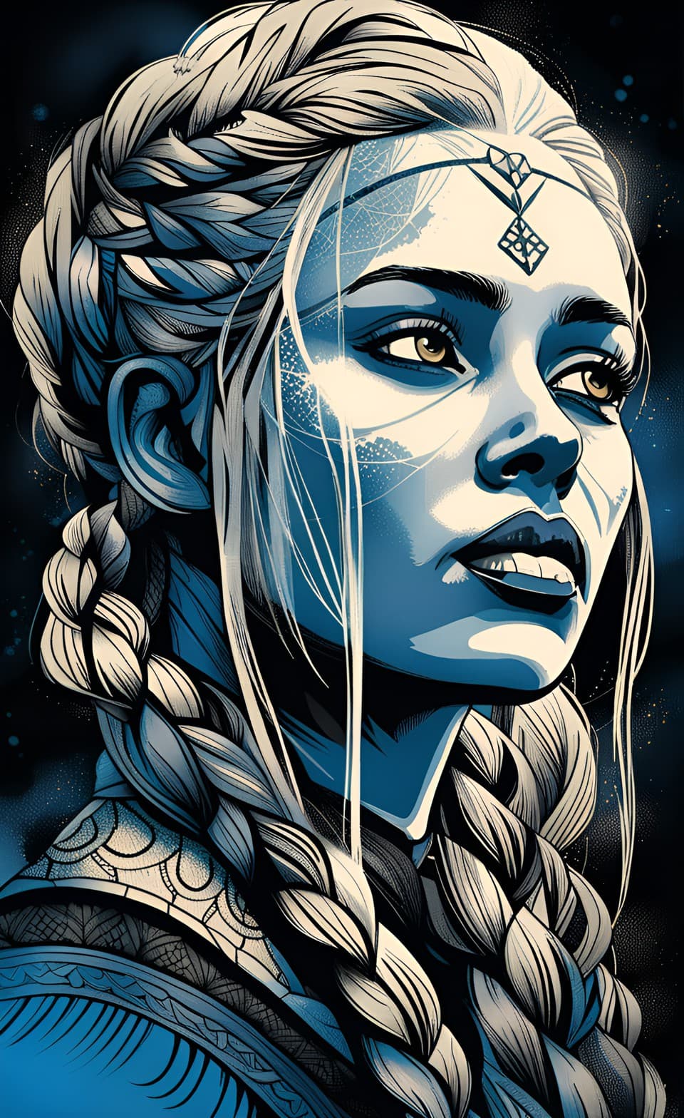 AI generated: beautiful girl portrait, viking, highly detailed, intricate braids, blonde hair, full lips, sky blue...