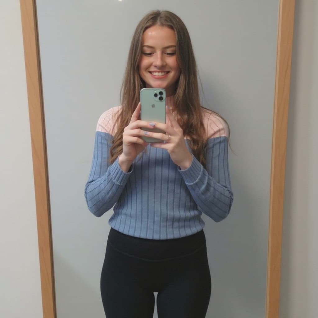 AI generated: the girl takes a photo with her phone of herself in the mirror, she has 24 years old, has straight b...