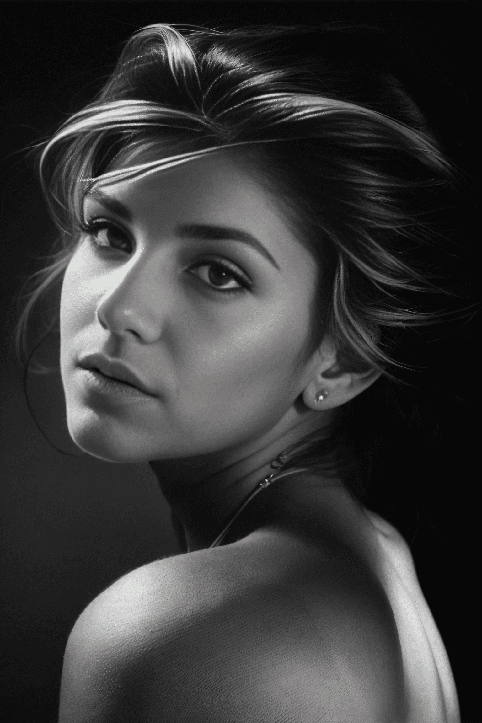 AI generated: a (b&w), high contrast, photo of a woman(detailed face), messy hair, dark eyes, ,black background, s...