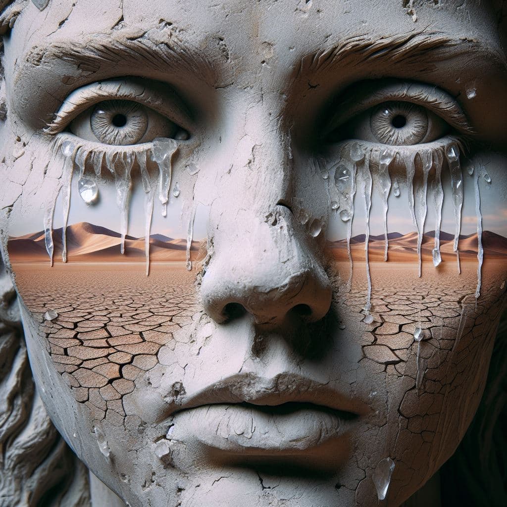 AI generated: Sculpt the face of loneliness, with empty eyes reflecting a desert landscape and crystallized tears ...