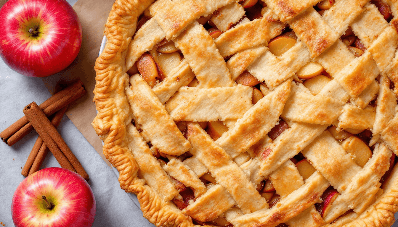 AI generated: A rustic apple pie with a lattice crust, surrounded by fresh apples and cinnamon sticks.
