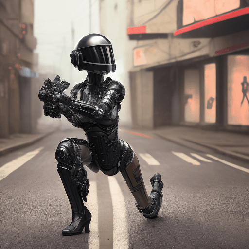 AI generated: black armed female figure in sci-fi battle armor with cybernetic helmet, aiming on one knee, mask, s...