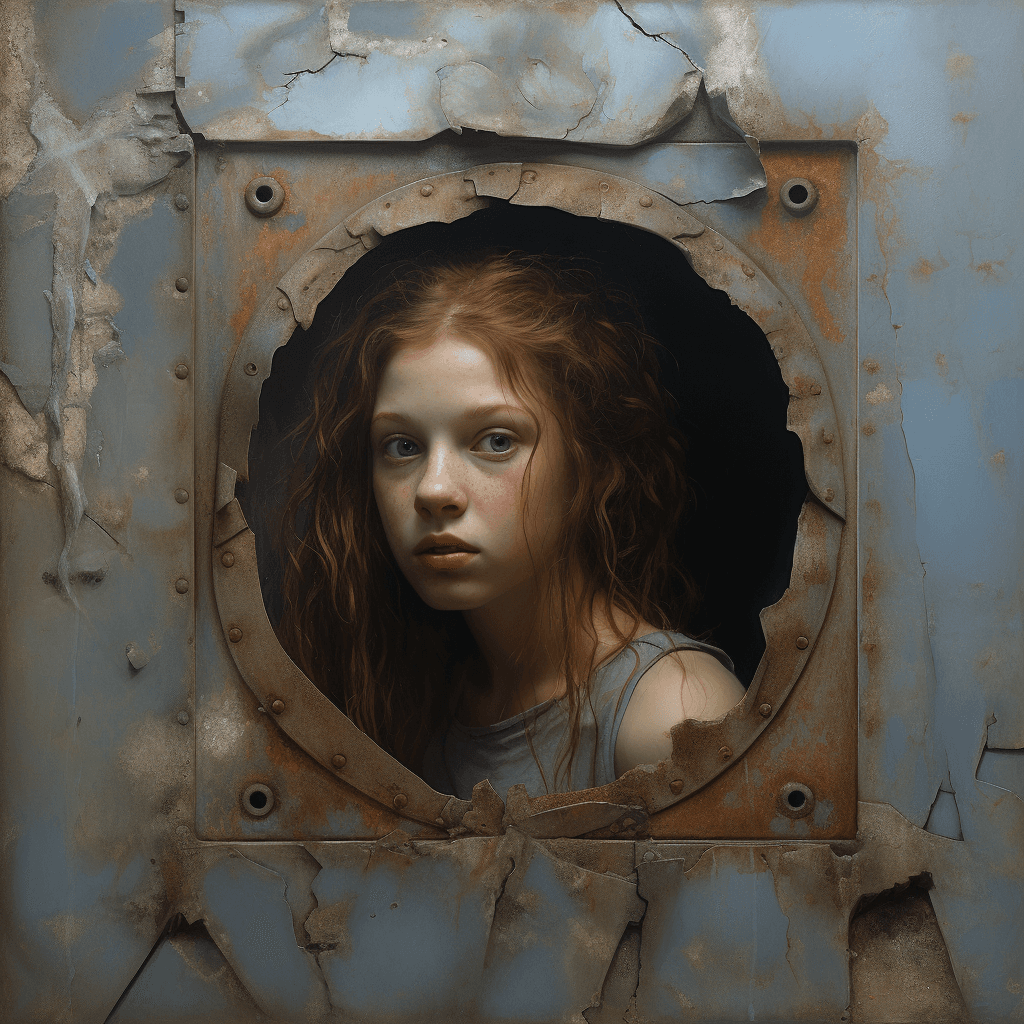 AI generated: a painting of a young girl in an old ship window, in the style of baroque sci-fi, trompe l'oeil comp...
