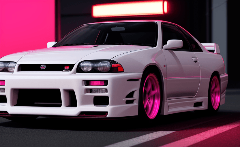 AI generated: white Nissan Skyline R33 GTST (not GTR) (NO GTR)with neon light accents, cinematic view, pinkish red...