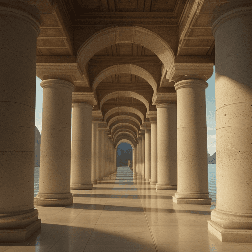 AI generated: a wide open corridor with water in it under large old pillars and pillars with lighting, sunlight, p...