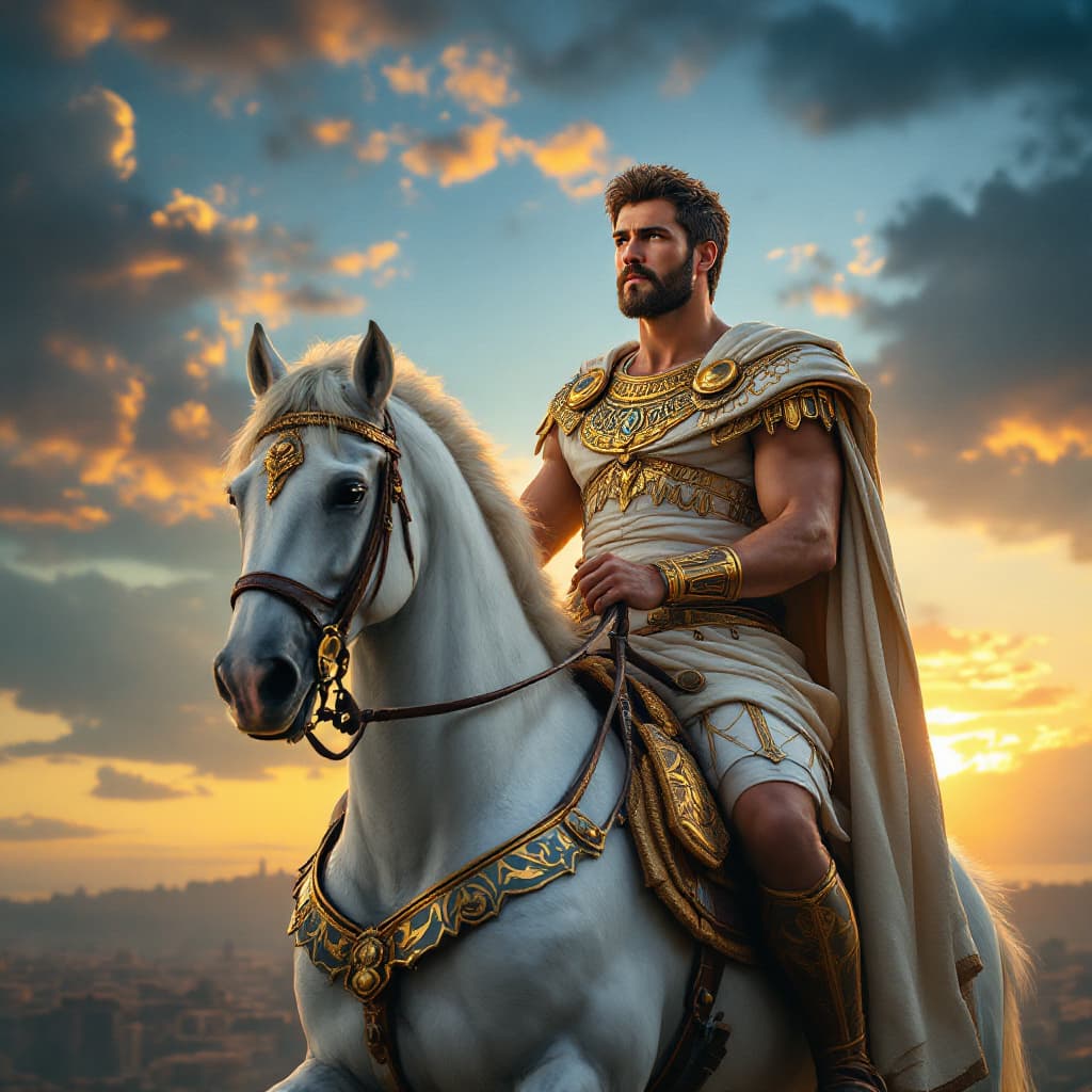 AI generated: Un majestuoso retrato del emperador Marco Aurelio montado en un imponente caballo blanco. El emperad...