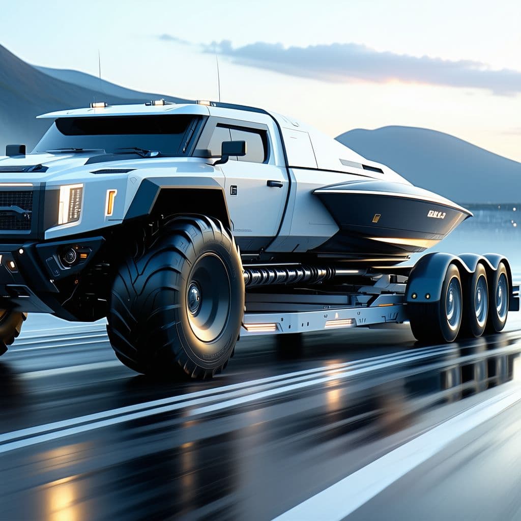 AI generated: a closeup of a futuristic truck and speed boat on a trailer being towed