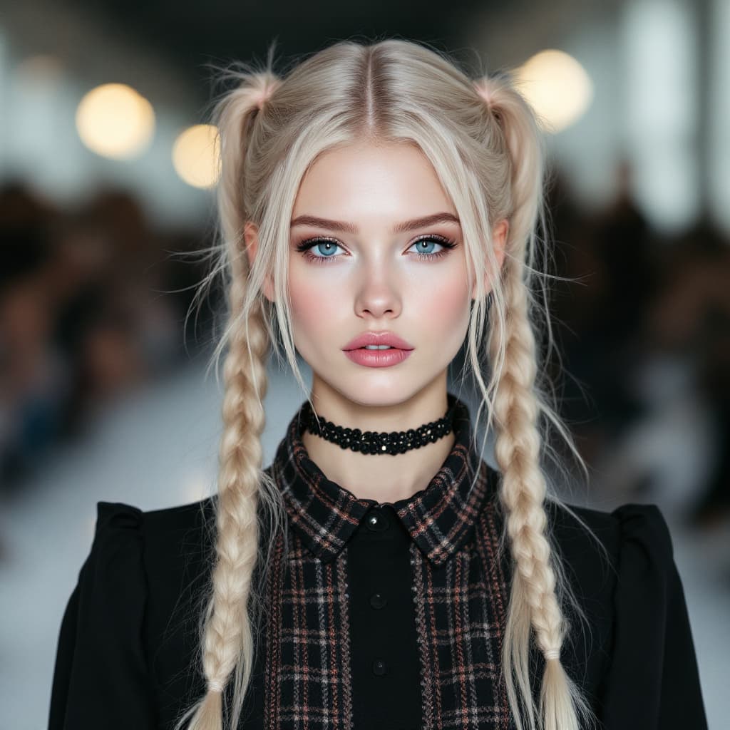 AI generated: Runway Model, Pigtails, candycore hair, pale skin and light pink lips