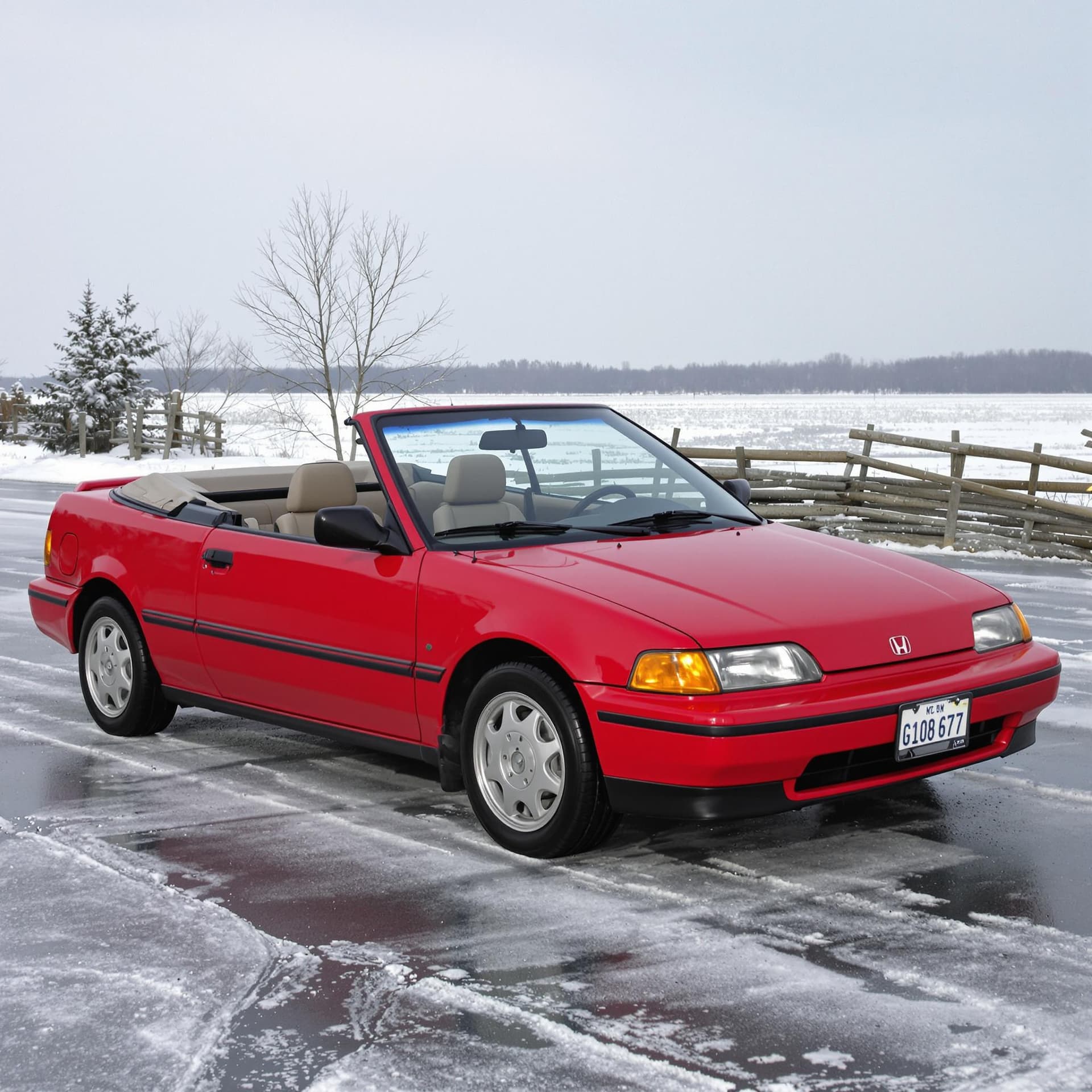 AI generated: year 1988 red honda civic convertible parked on a icy road