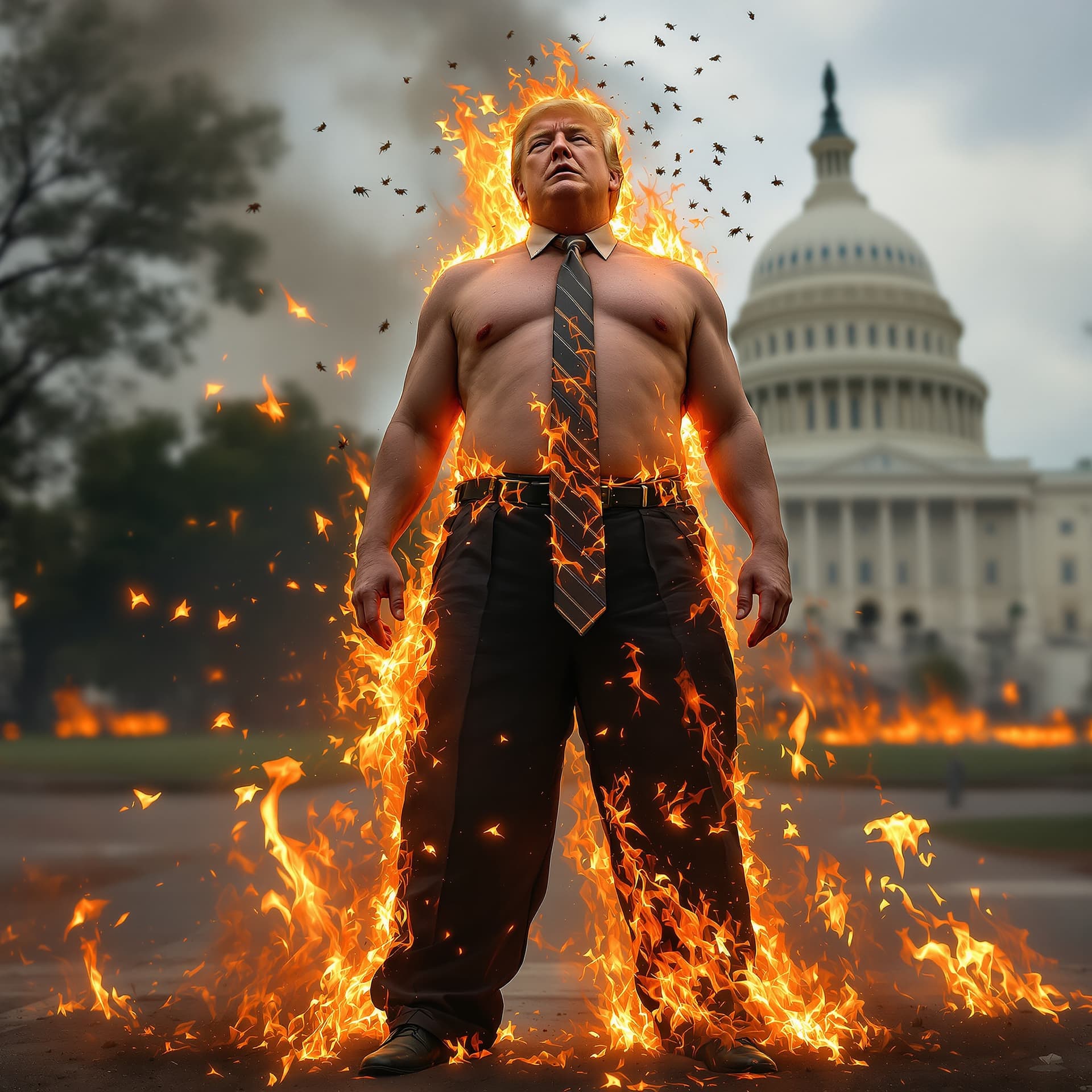 AI generated: Liar, Liar. Pants on fire. The President of the country. Standing up and facing the camera. High det...