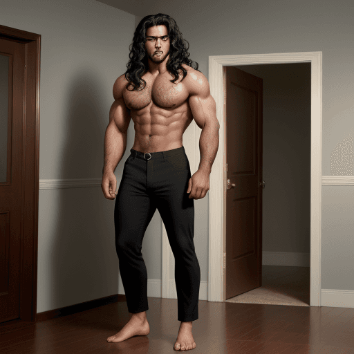 AI generated:  Full - Body Shot - Head - to - toe view, hollywood, black wavy hair, muscular, standing, ( ( hairy ...