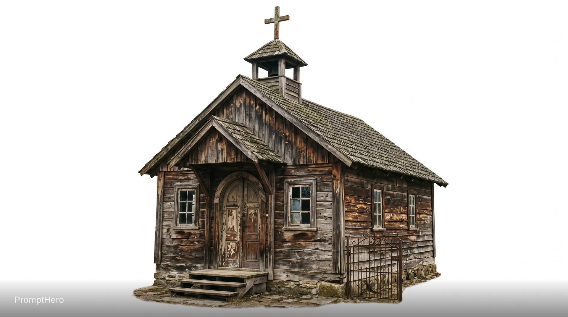 AI generated: 1829 wooden colonization church with cross a bit run down. on white background.