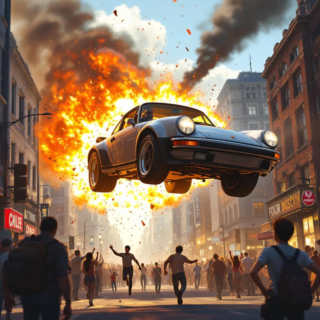 AI generated: (Animated action film scene photograph): a Porsche is flying high through the air, being driven by a...