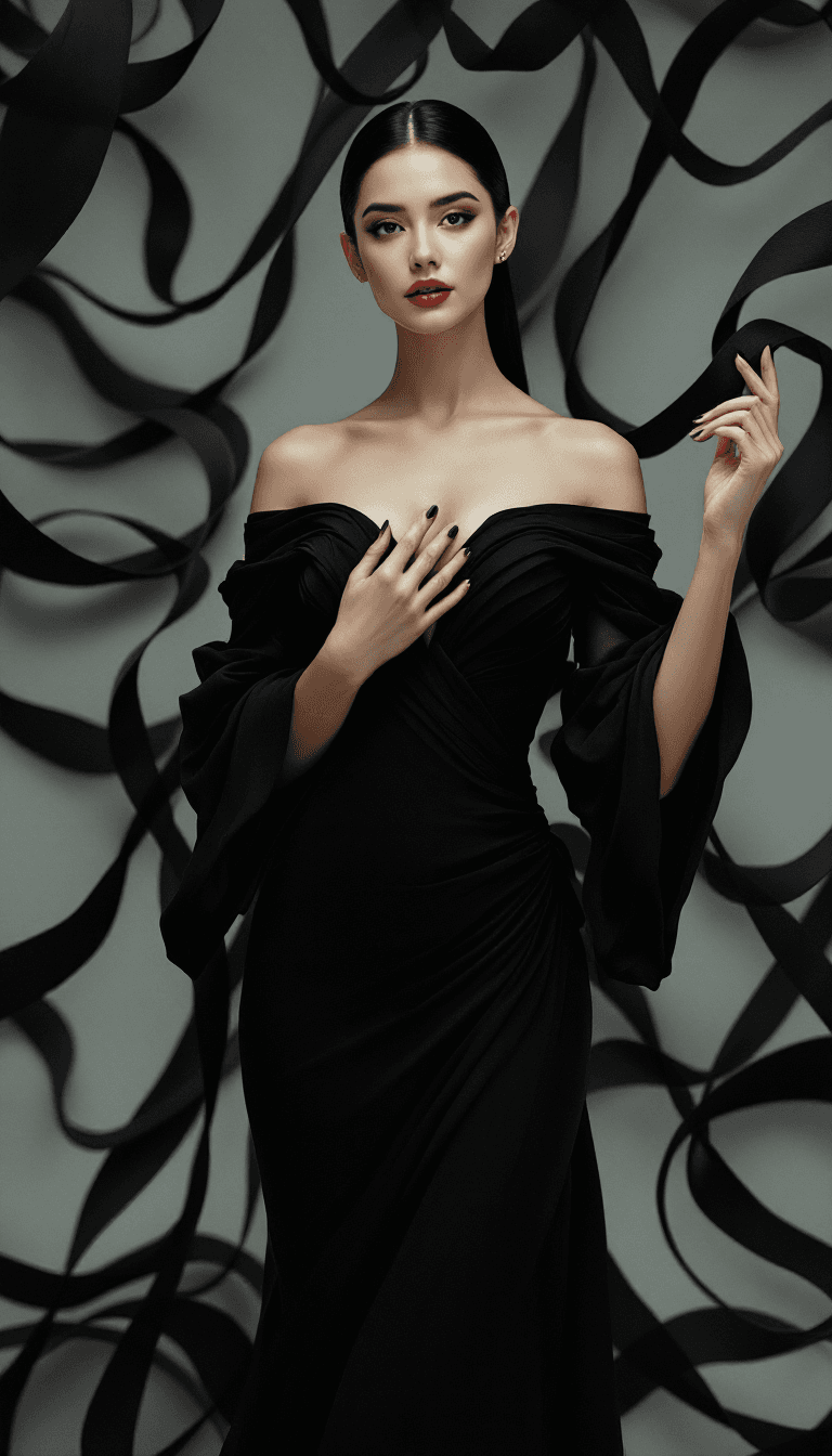 AI generated: The image features a woman standing confidently with both hands lightly touching the swirling, ribbo...