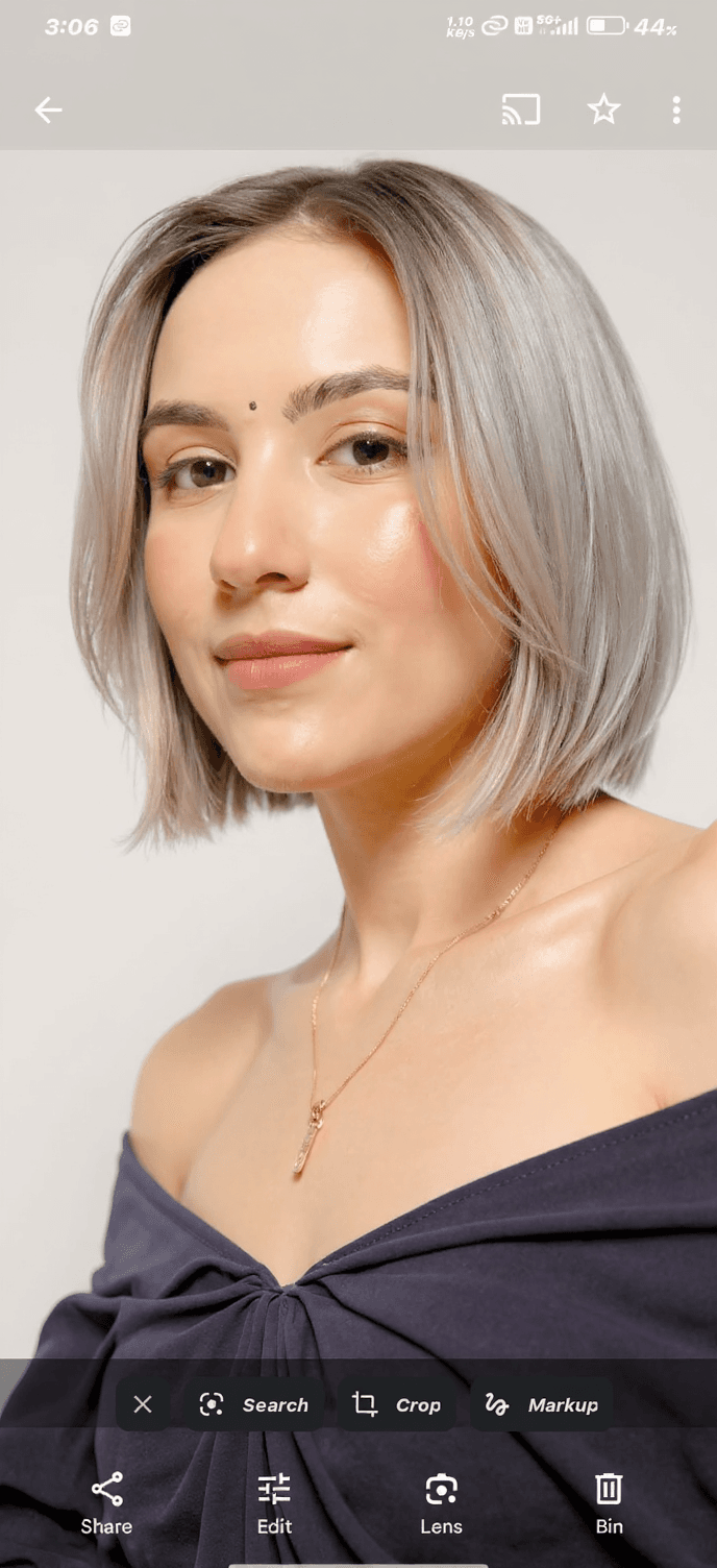 AI generated: hair photography, woman, bob cut hair, silver color, ivory hue background, studio lighting setup, re...
